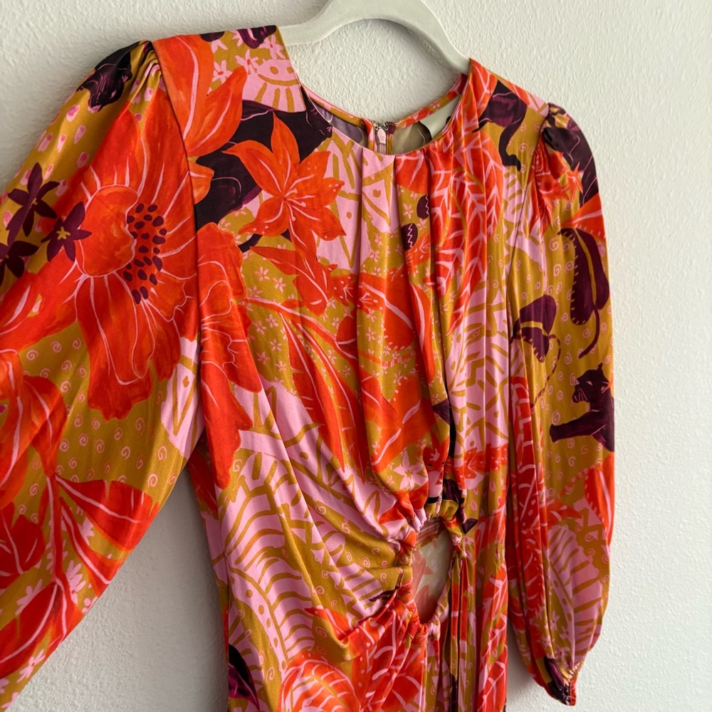 NWT FARM Rio Puff-Sleeve Cutout Slip Dress Midi Women’s XS Jungle Panther - Picture 6 of 11